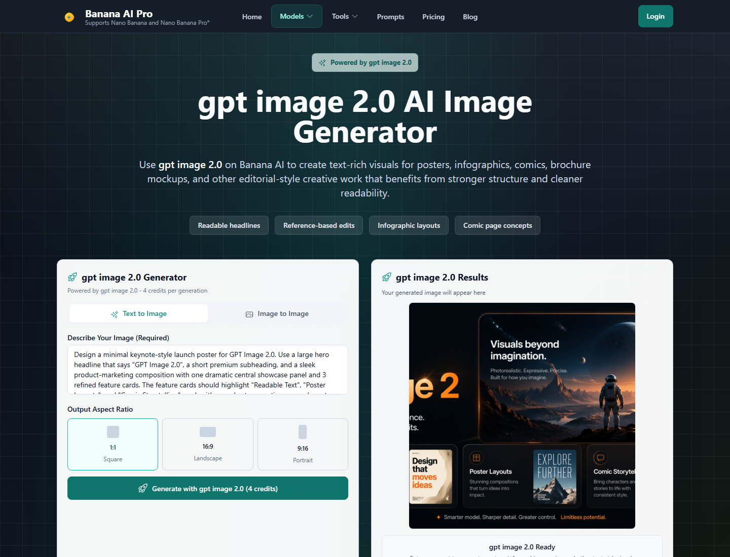 Desktop screenshot of the Banana AI Pro gpt image 2.0 page