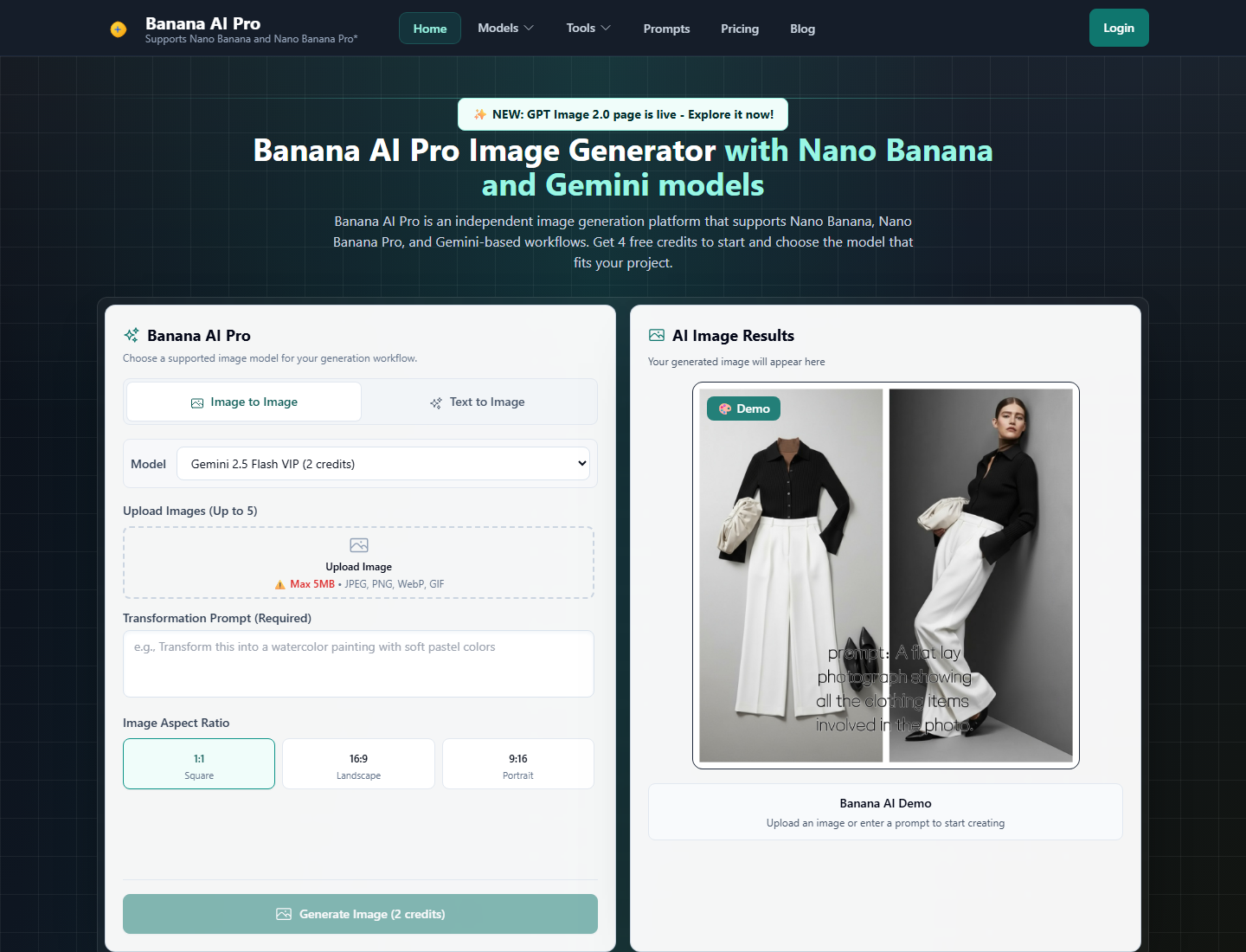 Desktop screenshot of the bananaai.pro homepage used as a product source example