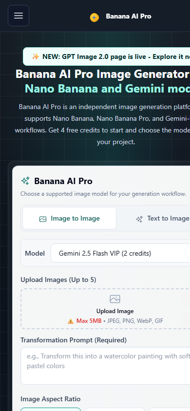 Mobile screenshot of the bananaai.pro homepage used as a product source example