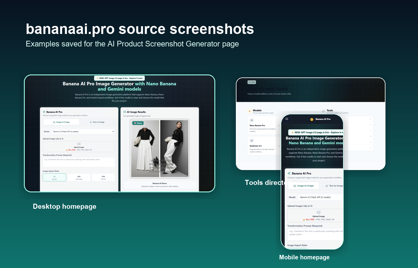 Collage of bananaai.pro source screenshots for the product screenshot generator page