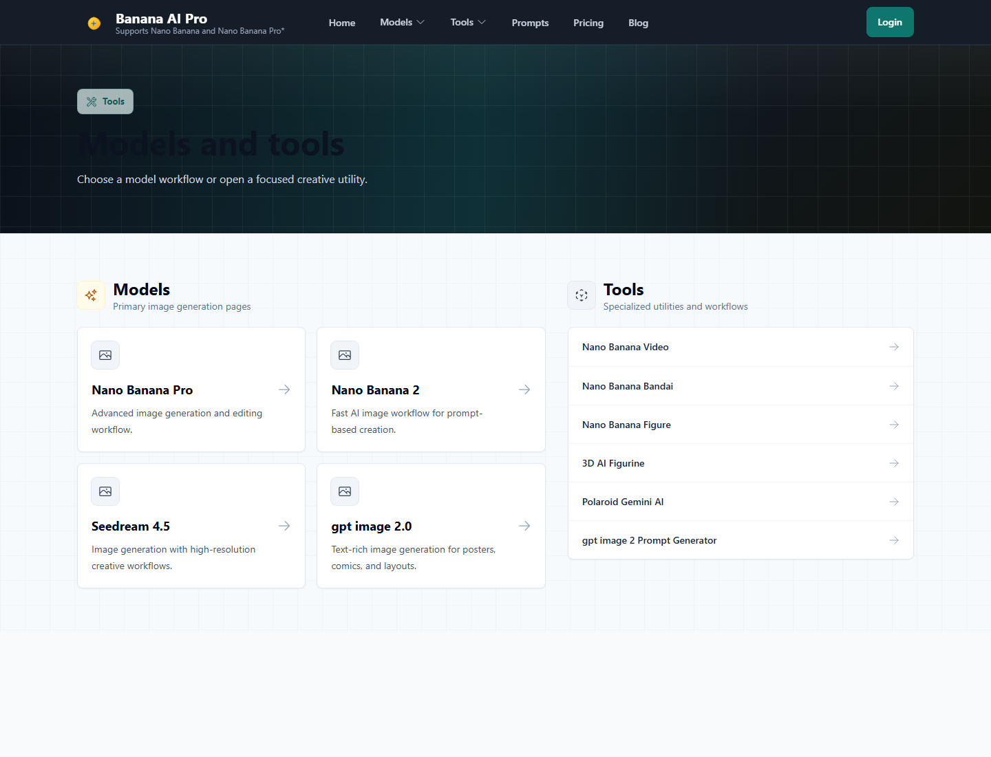 Desktop screenshot of the Banana AI Pro tools page