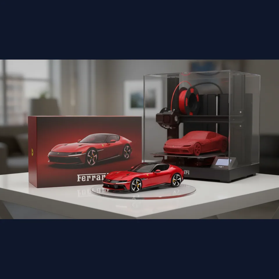 Collectible car display with packaging and printer after the edit