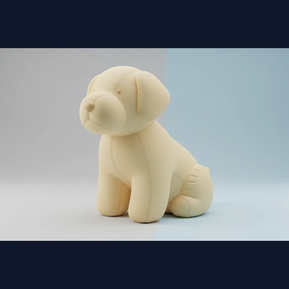 Soft stitched dog sculpture after a style change